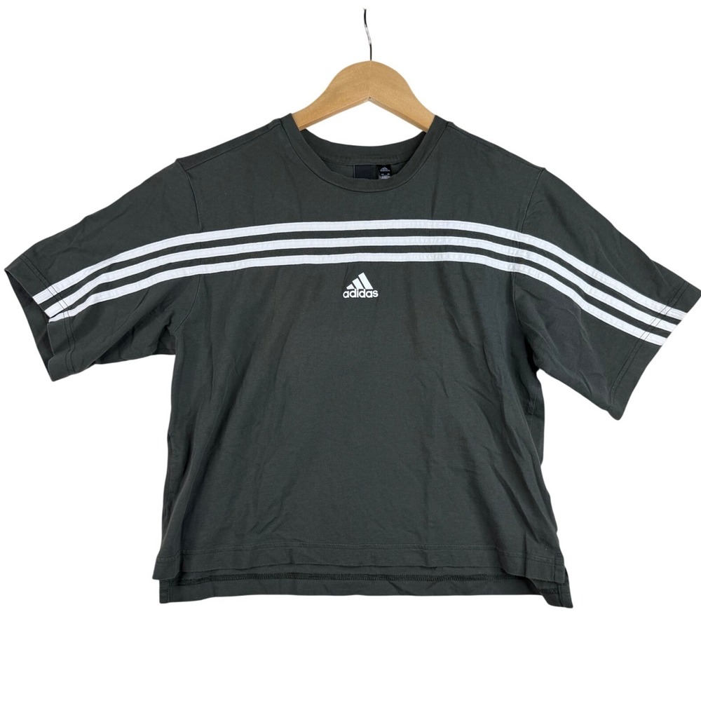 Adidas Horizontal 3 Stripe Chest Cropped Tee size Small Green/White